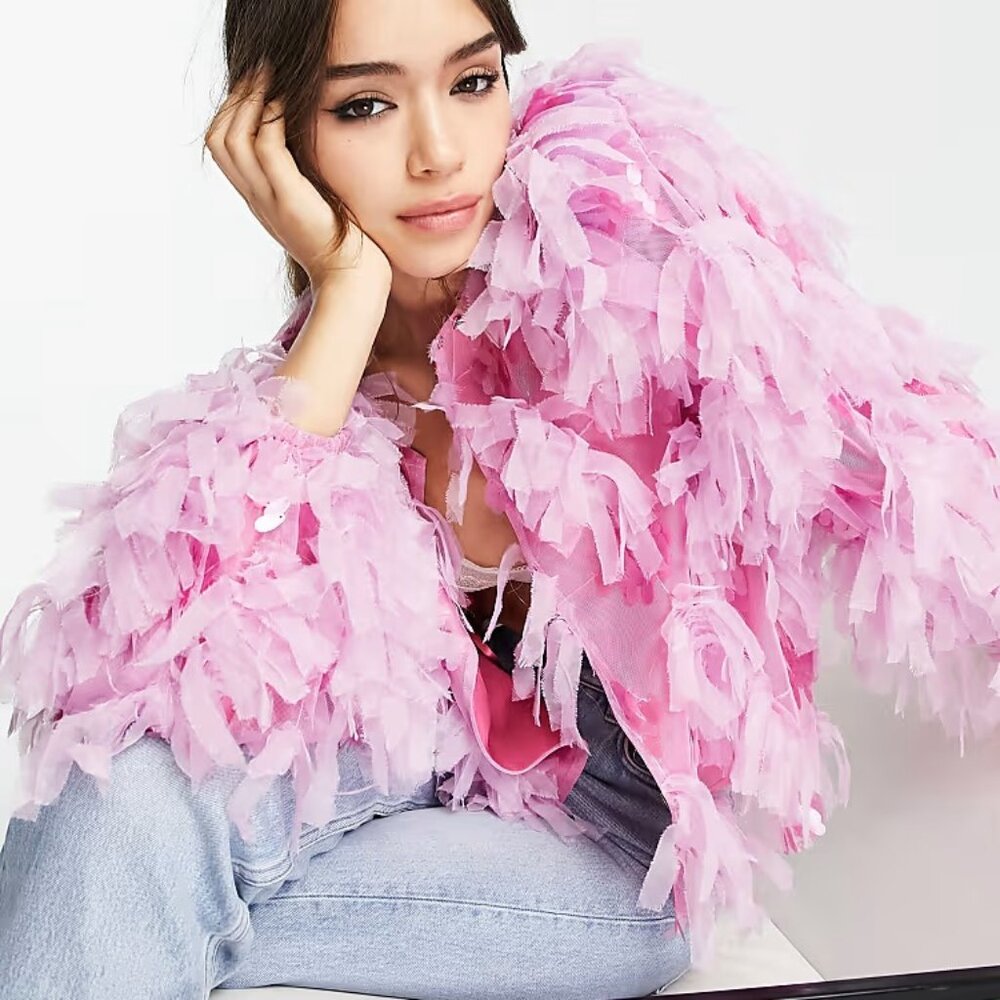 💥SHOWSTOPPER💥Jazzy 20's Flapper Style Fluffy Tiered Sequined Jacket in Pink - Picture 4 of 16